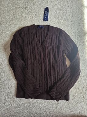 Chaps Men’s Cable Knit V-Neck Sweater - Dark Brown